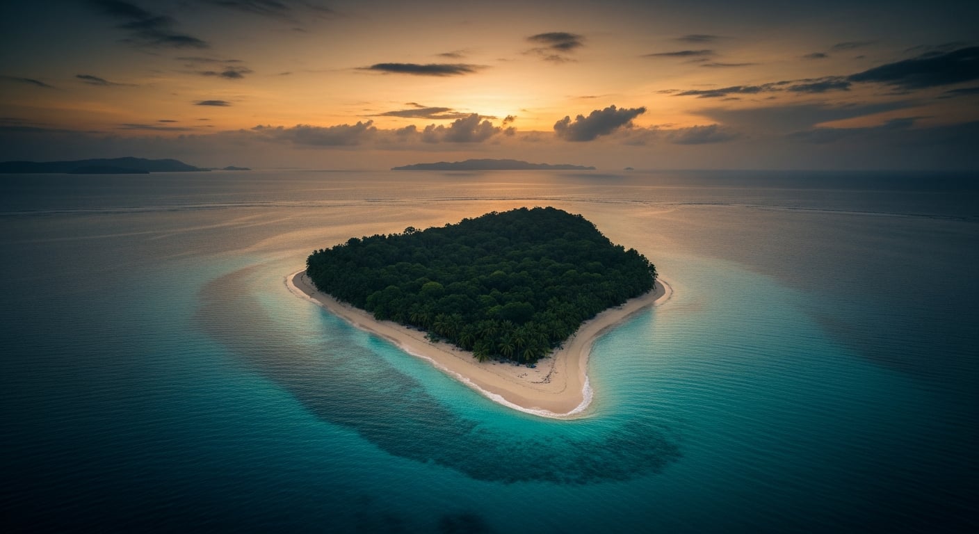 Aerial of a remote Panamanian Caribbean island at golden dusk.