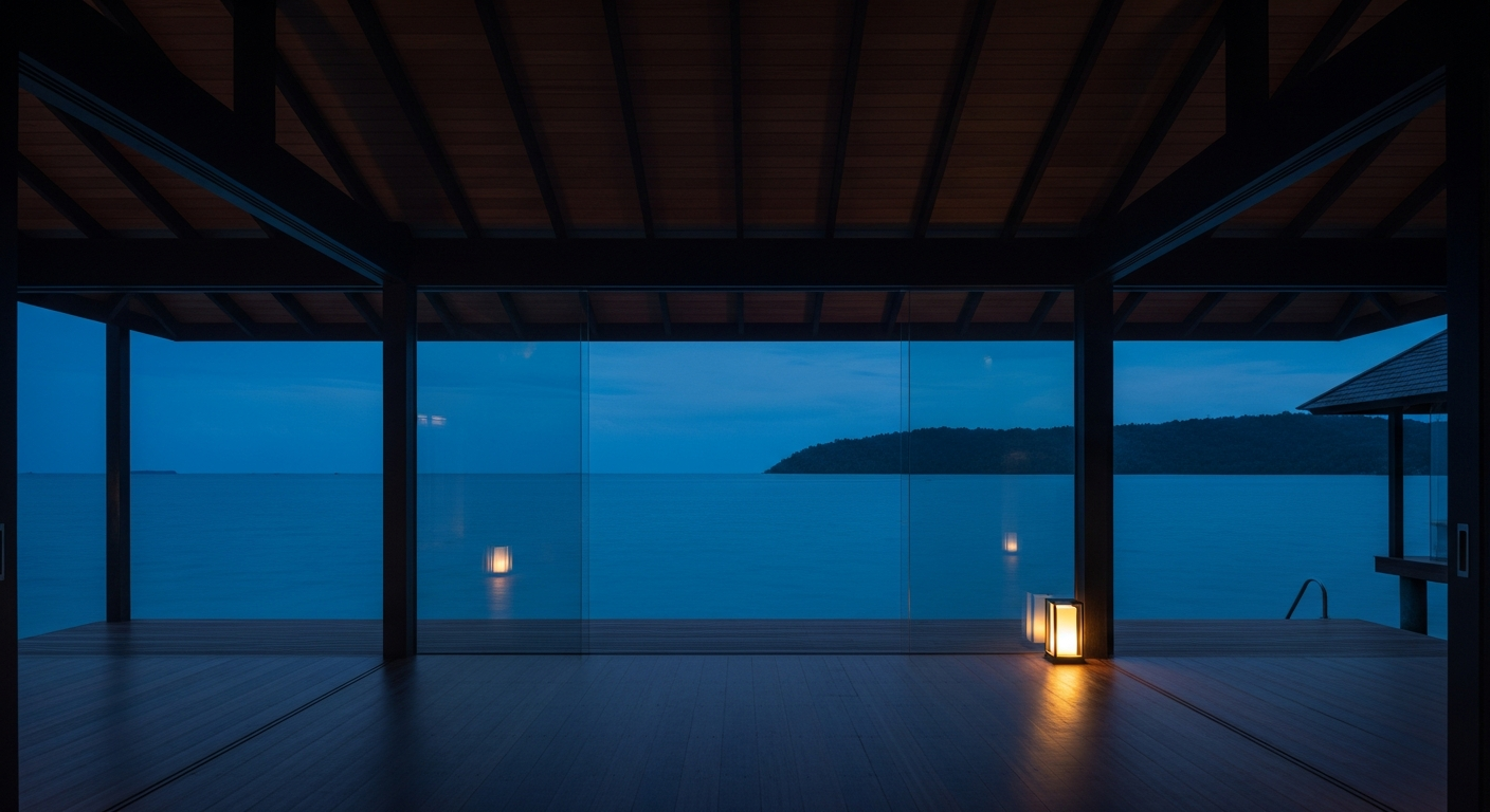 Empty interior of a completed overwater luxury villa at blue hour, lit by a single warm lantern.