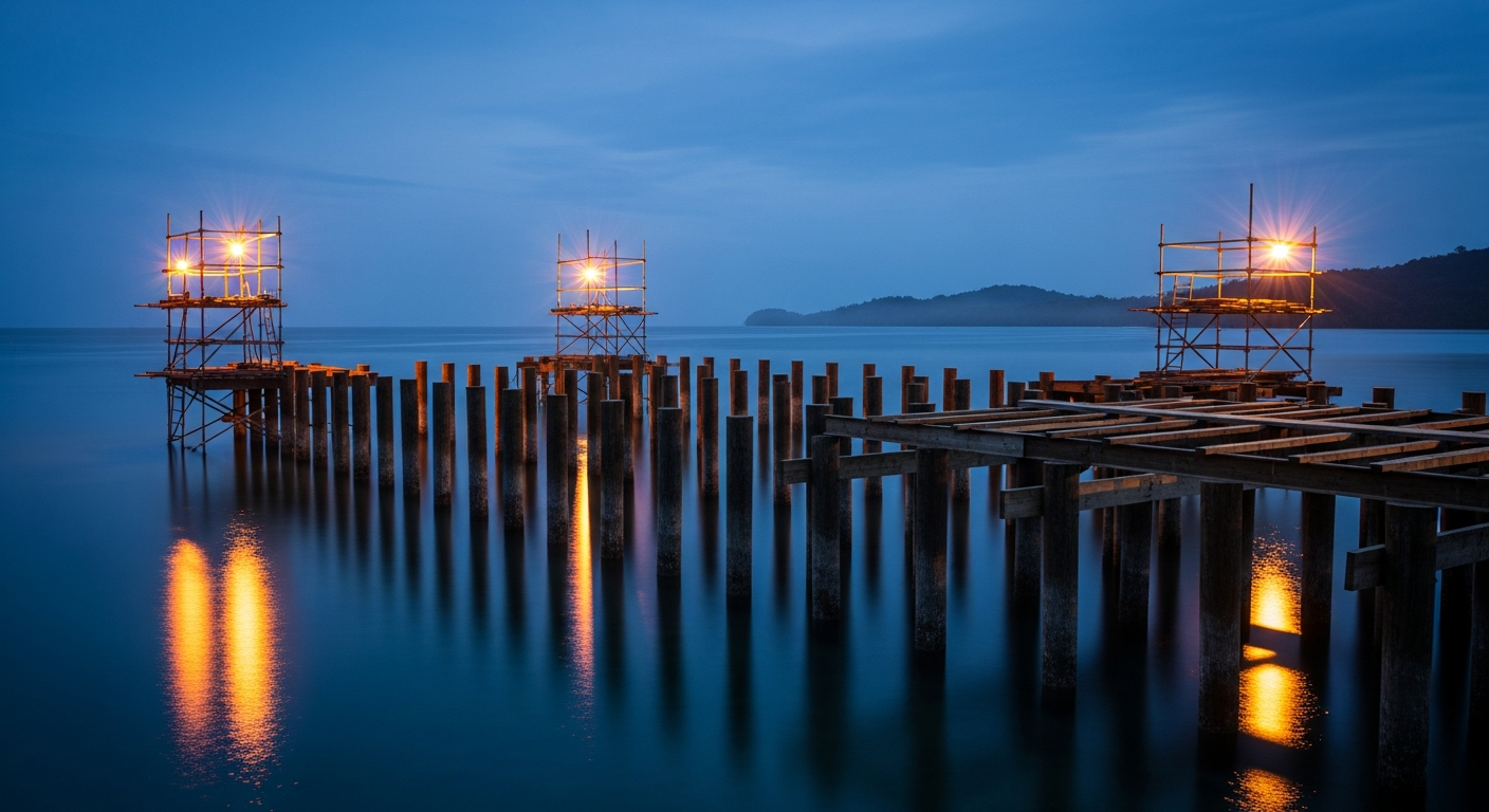 Overwater dock and pile-driven foundation under construction at twilight in a remote Caribbean setting.