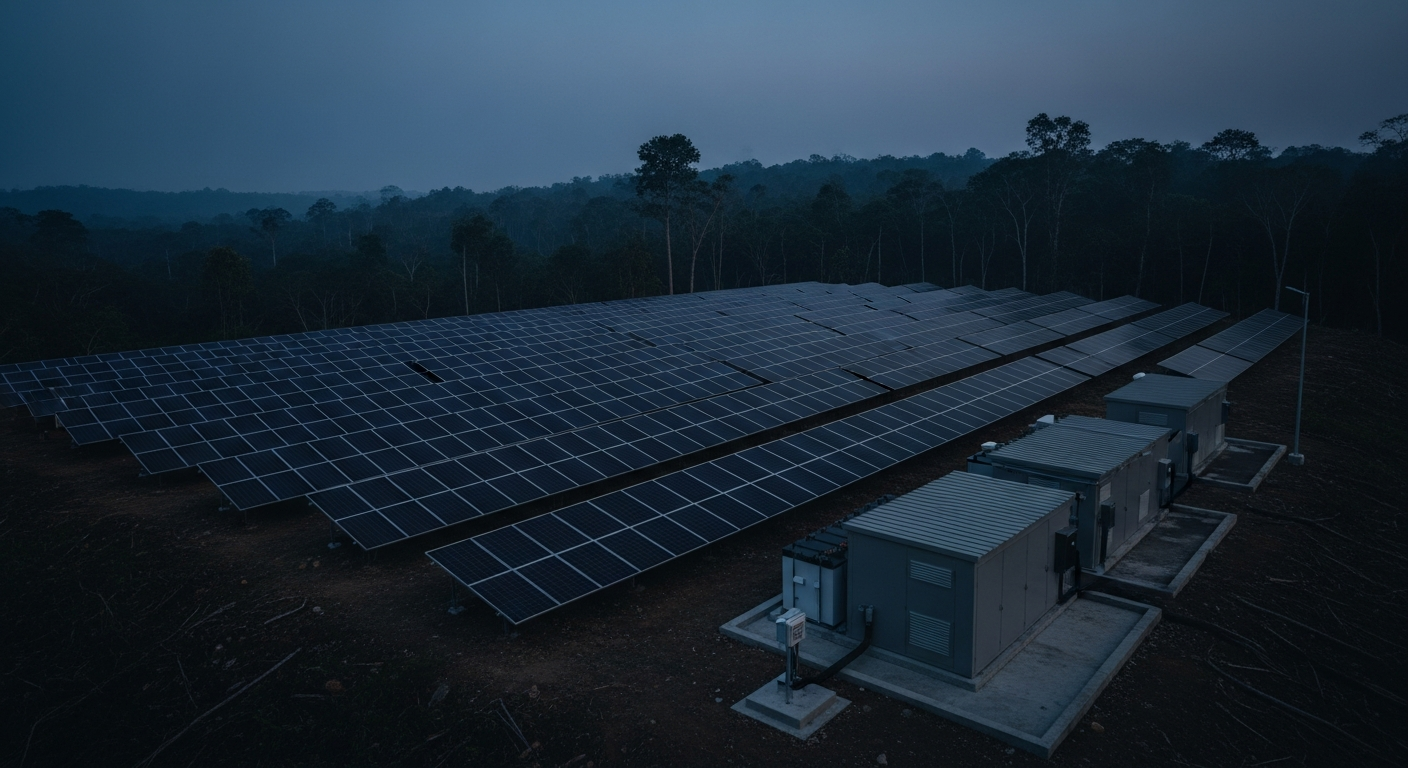 Solar photovoltaic array on a cleared tropical ridge at dusk, with battery enclosures.