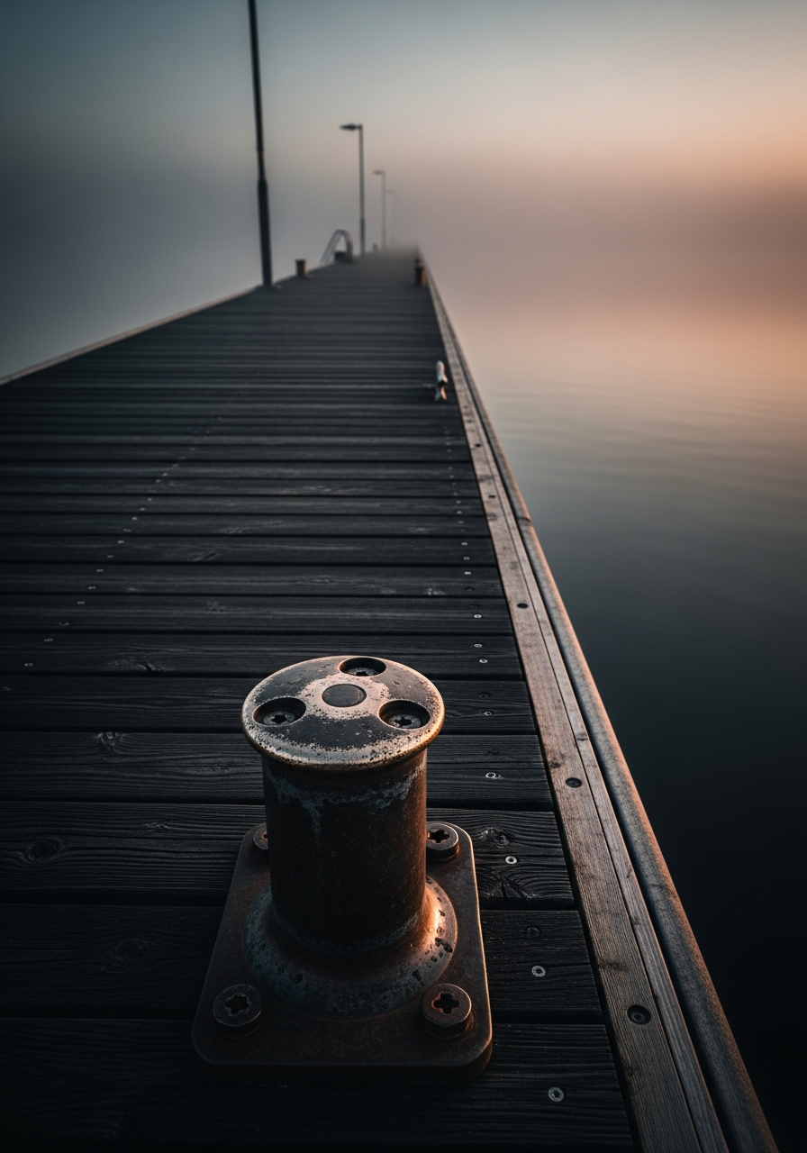Dock arrival — fog · still water