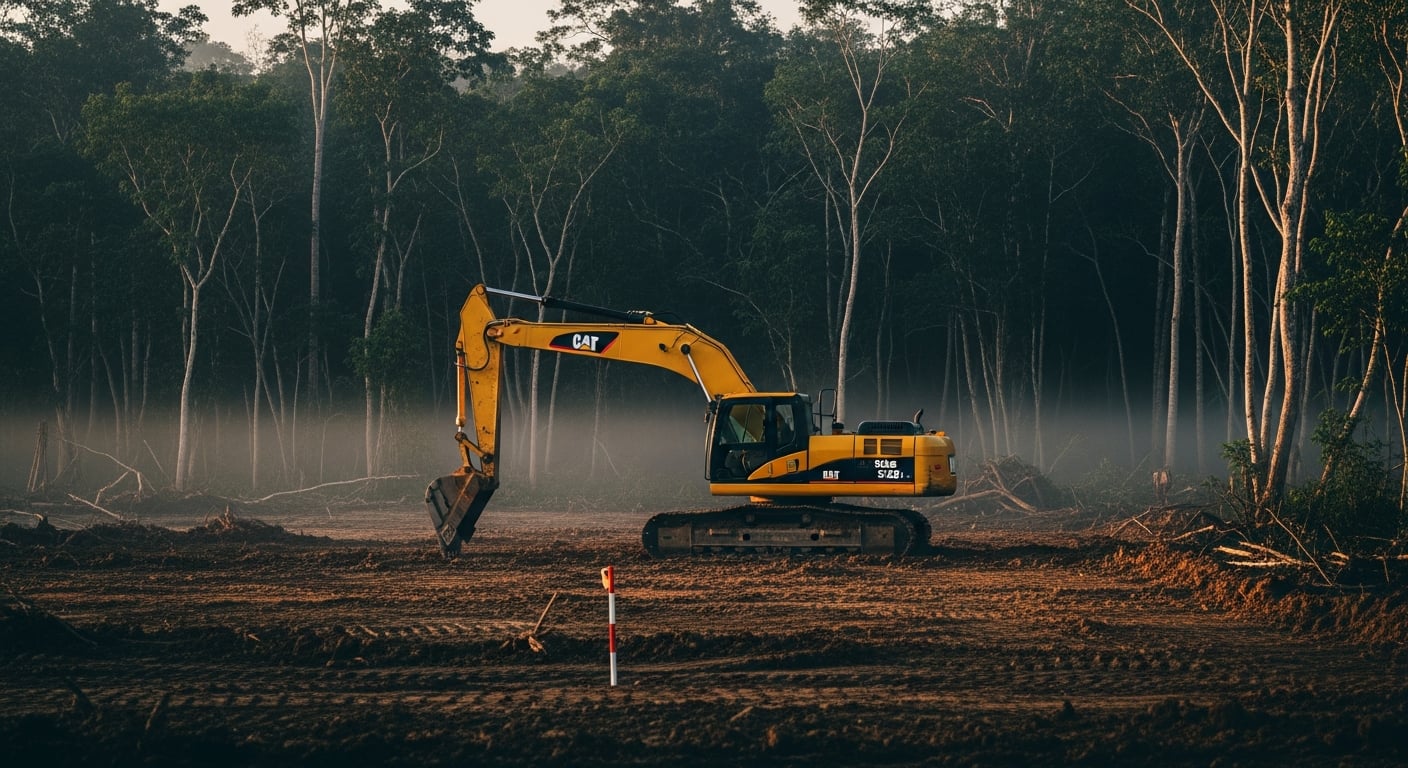 Heavy earthmoving equipment at rest on a freshly cleared tropical jungle pad at dawn, with fog.