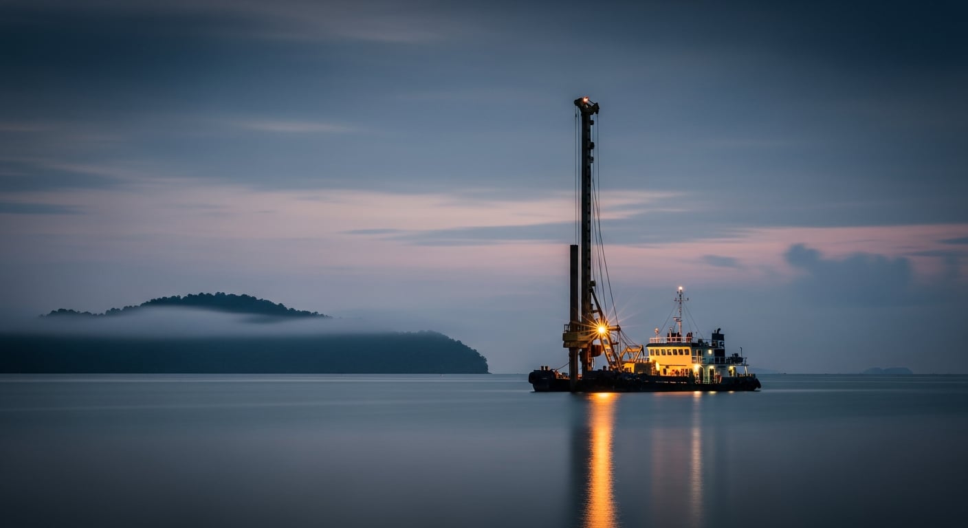 A pile-driving rig on a calm tropical bay at twilight, long-exposure quality.